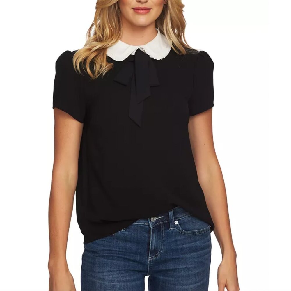 CeCe Women's Short Sleeve Tie-Neck Peter Pan-Collar Top, size XXS